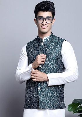 Olive Printed Poly Blend Nehru Jacket For Men