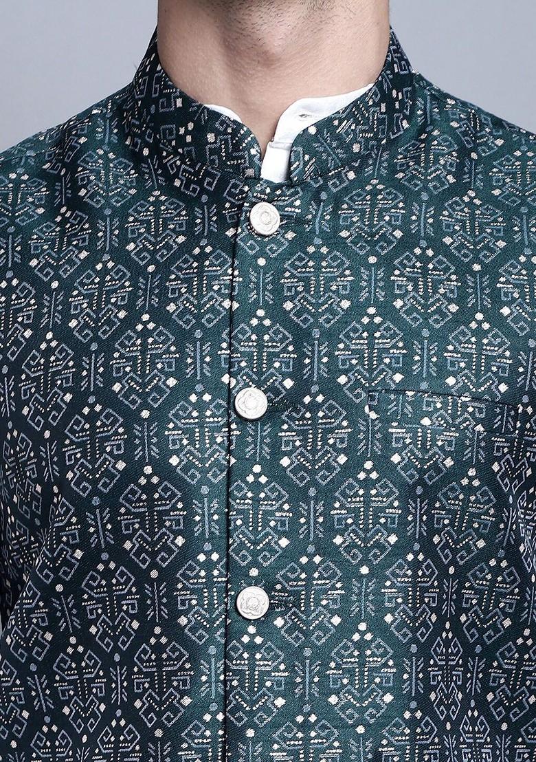 Olive Printed Poly Blend Nehru Jacket For Men