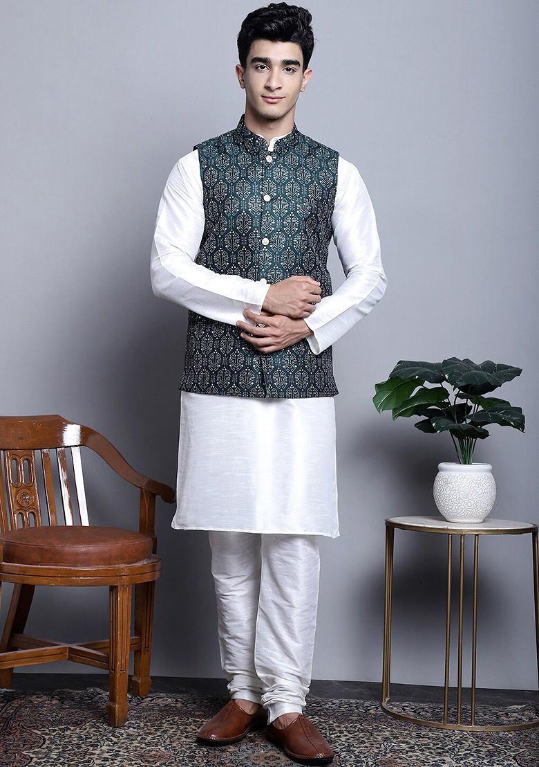 Olive Printed Poly Blend Nehru Jacket For Men