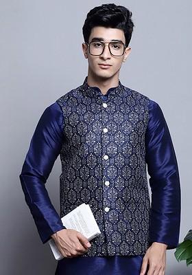 Navy Blue Printed Poly Blend Nehru Jacket For Men