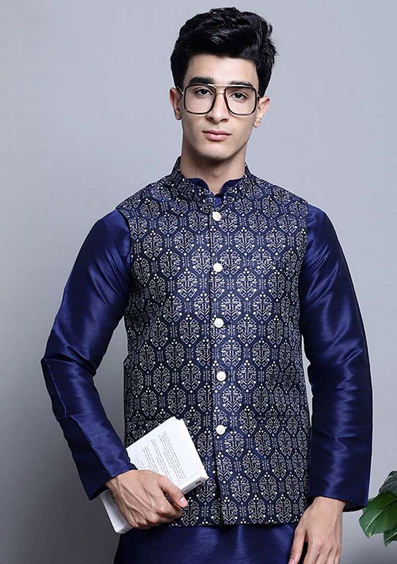 Navy Blue Printed Poly Blend Nehru Jacket For Men - Indya