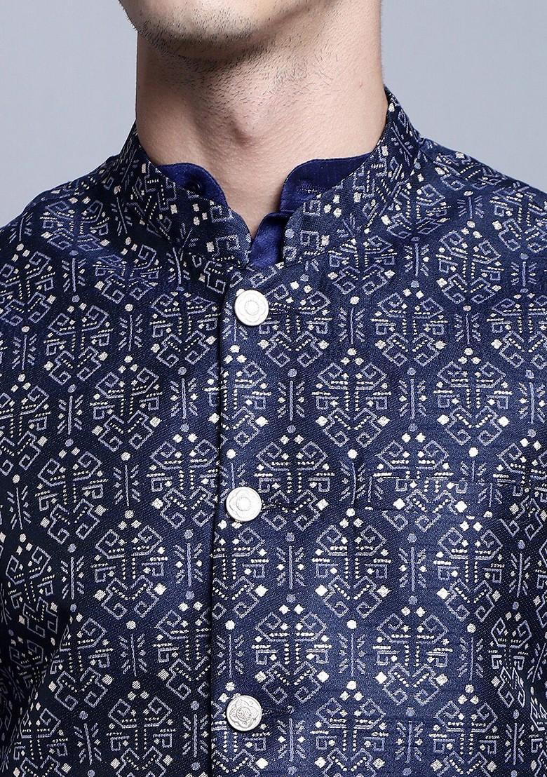 Navy Blue Printed Poly Blend Nehru Jacket For Men
