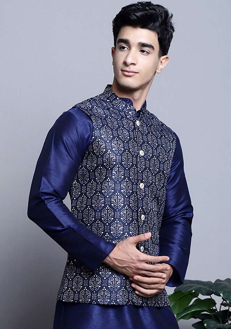 Navy Blue Printed Poly Blend Nehru Jacket For Men - Indya
