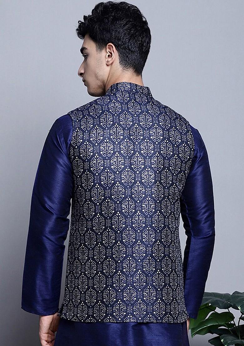 Navy Blue Printed Poly Blend Nehru Jacket For Men