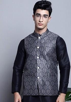 Charcoal Grey Printed Poly Blend Nehru Jacket For Men