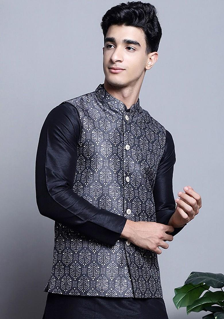 Charcoal Grey Printed Poly Blend Nehru Jacket For Men