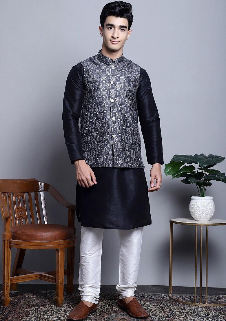 Charcoal Grey Printed Poly Blend Nehru Jacket For Men