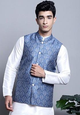 Blue Printed Poly Blend Nehru Jacket For Men