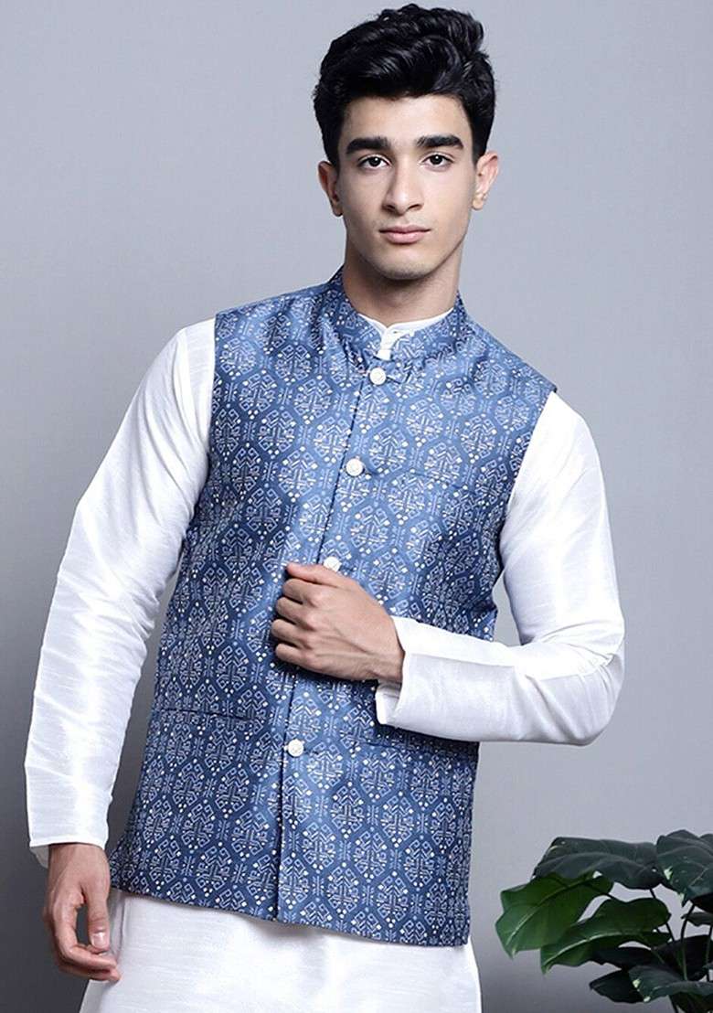 Blue Printed Poly Blend Nehru Jacket For Men - Indya