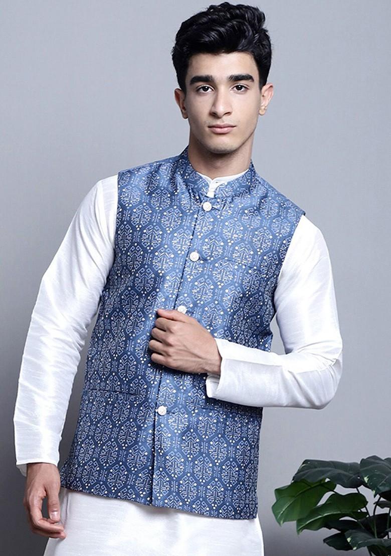 Blue Printed Poly Blend Nehru Jacket For Men