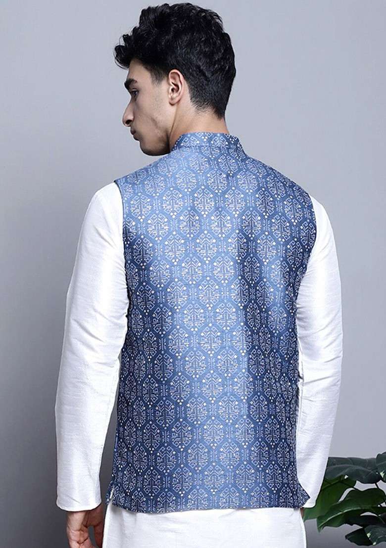 Blue Printed Poly Blend Nehru Jacket For Men - Indya