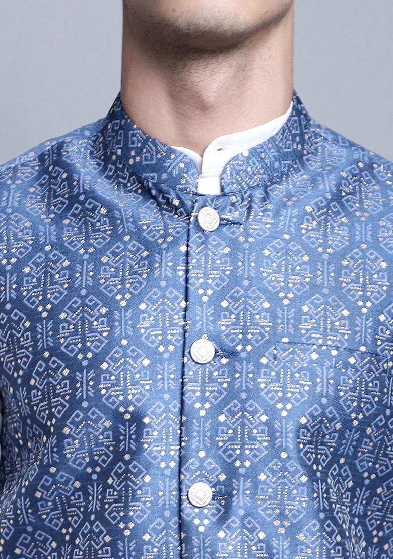 Blue Printed Poly Blend Nehru Jacket For Men