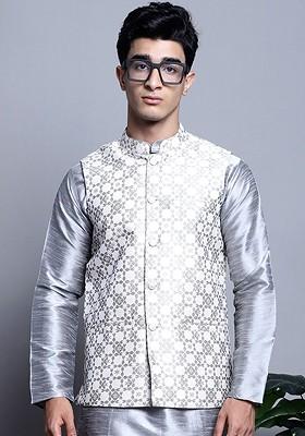 White Woven Design Poly Blend Nehru Jacket For Men