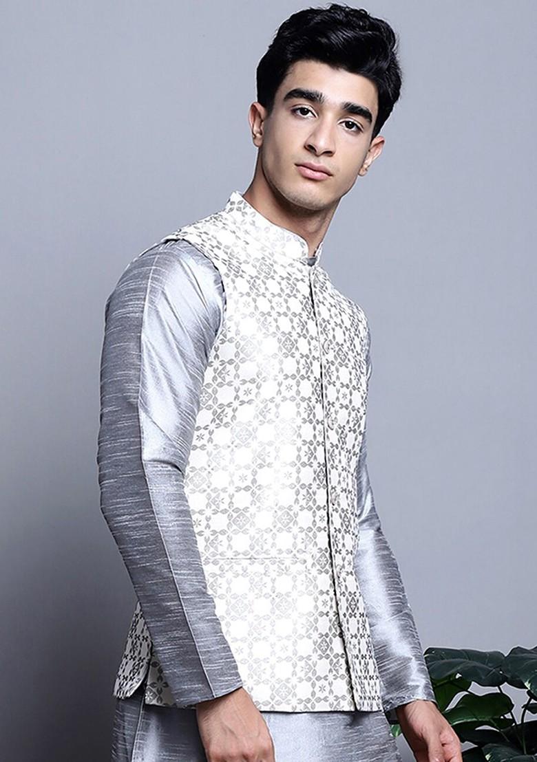 White Woven Design Poly Blend Nehru Jacket For Men