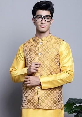 Mustard Yellow Woven Design Poly Blend Nehru Jacket For Men