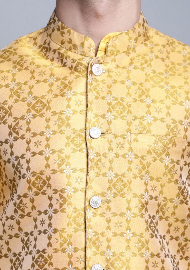 Mustard Yellow Woven Design Poly Blend Nehru Jacket For Men