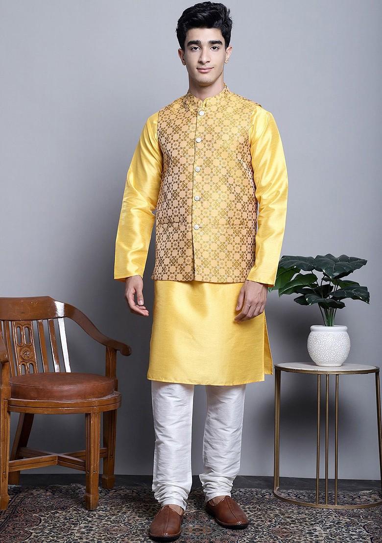 Mustard Yellow Woven Design Poly Blend Nehru Jacket For Men
