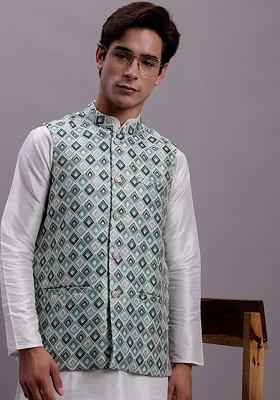 Turquoise Blue Woven Design Poly Blend Nehru Jacket For Men