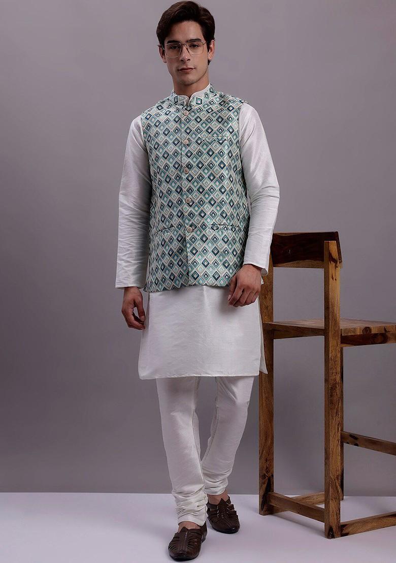 Turquoise Blue Woven Design Poly Blend Nehru Jacket For Men