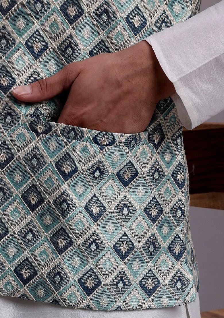 Turquoise Blue Woven Design Poly Blend Nehru Jacket For Men