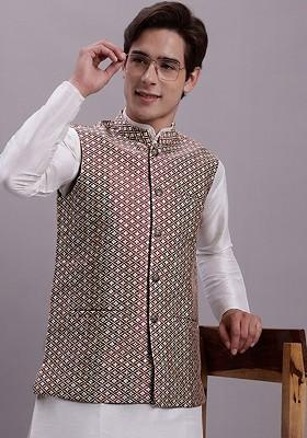 Peach Woven Design Poly Blend Nehru Jacket For Men