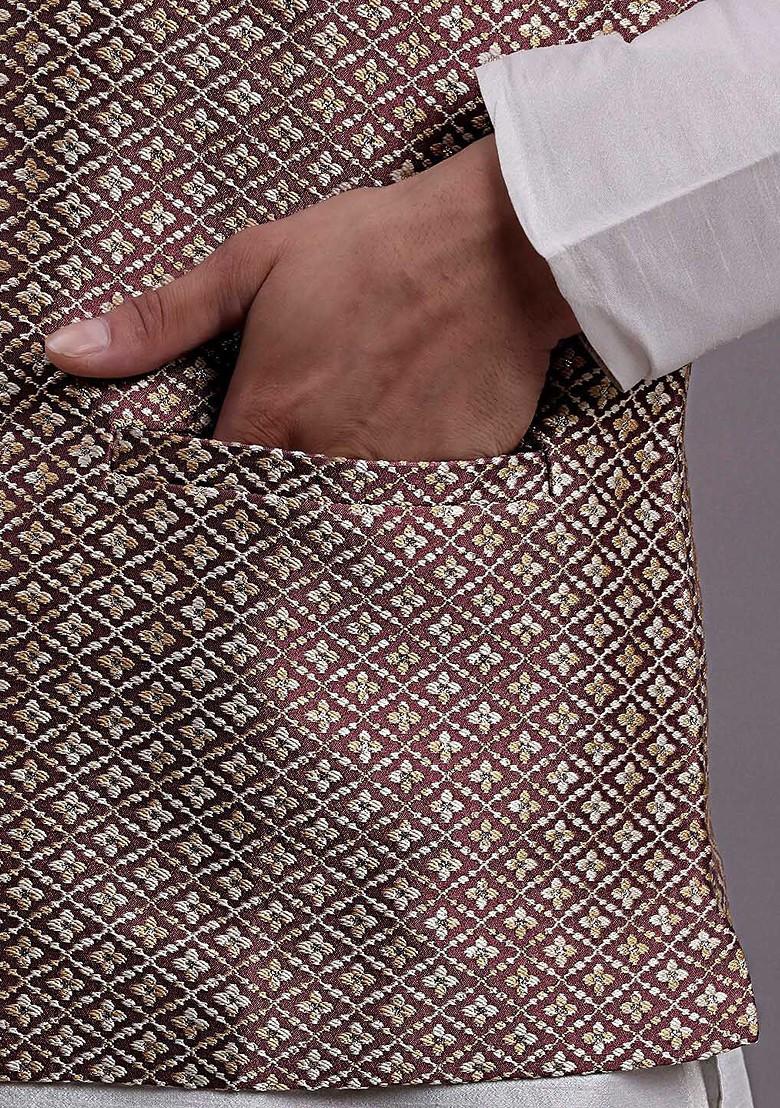 Peach Woven Design Poly Blend Nehru Jacket For Men