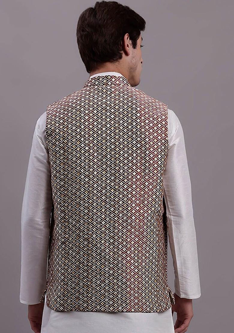 Peach Woven Design Poly Blend Nehru Jacket For Men