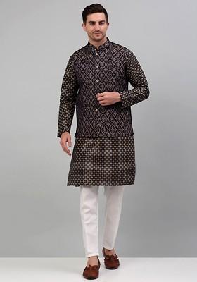 Navy Blue Woven Design Poly Blend Nehru Jacket For Men