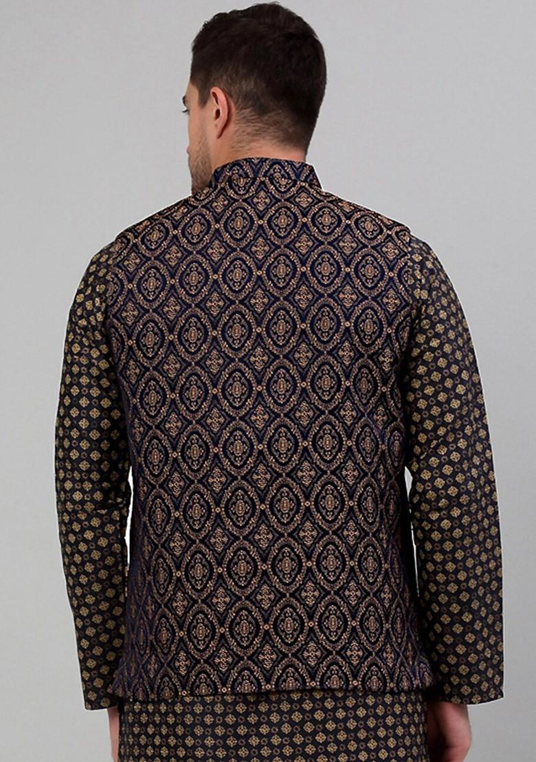 Navy Blue Woven Design Poly Blend Nehru Jacket For Men