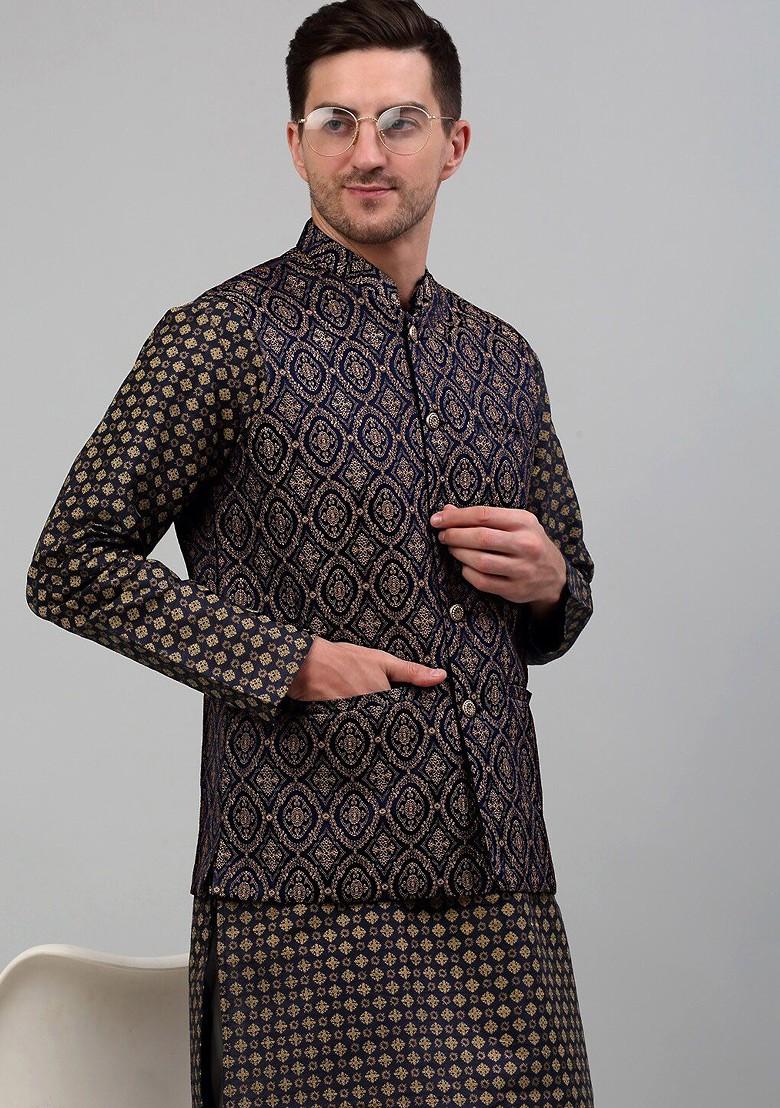 Navy Blue Woven Design Poly Blend Nehru Jacket For Men