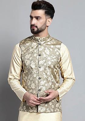 Beige Woven Design Poly Blend Nehru Jacket For Men