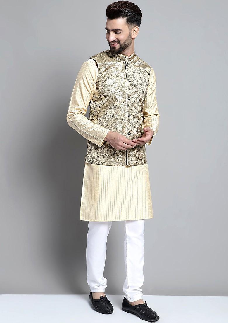 Beige Woven Design Poly Blend Nehru Jacket For Men