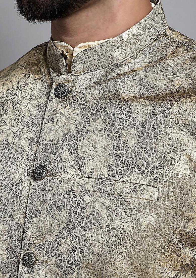 Beige Woven Design Poly Blend Nehru Jacket For Men