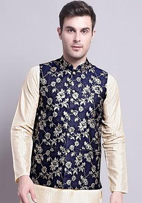 Navy Blue Woven Design Poly Blend Nehru Jacket For Men