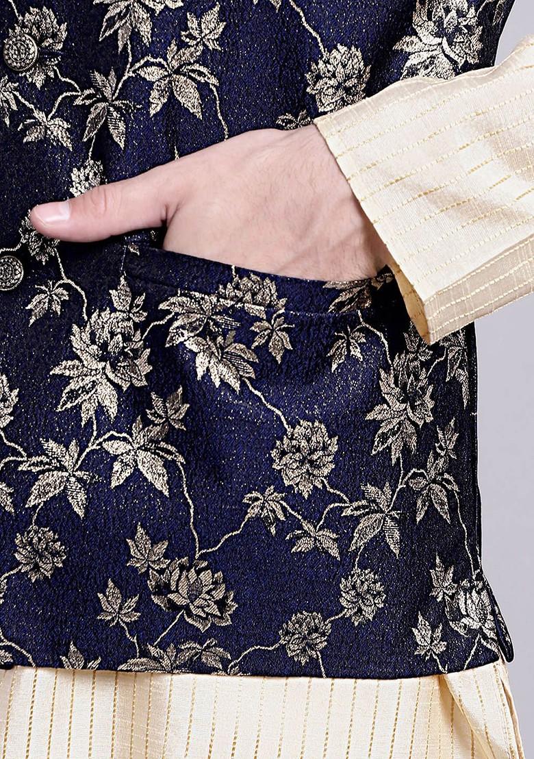 Navy Blue Woven Design Poly Blend Nehru Jacket For Men