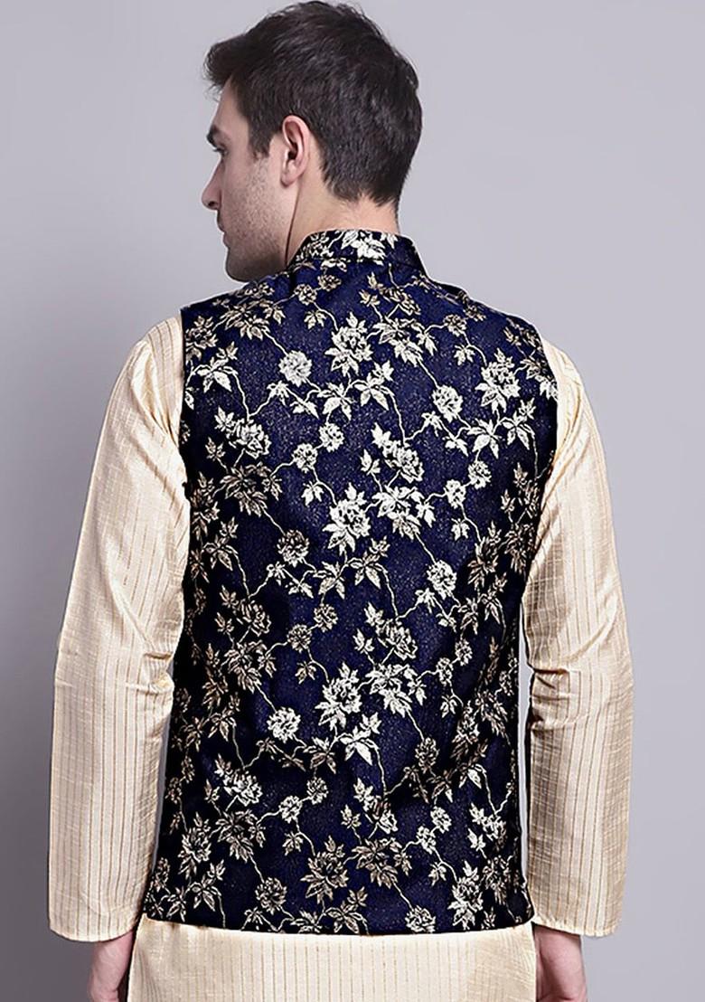 Navy Blue Woven Design Poly Blend Nehru Jacket For Men