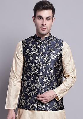 Blue Woven Design Poly Blend Nehru Jacket For Men