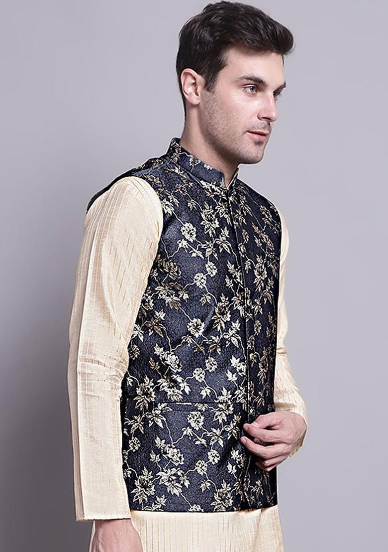 Blue Woven Design Poly Blend Nehru Jacket For Men