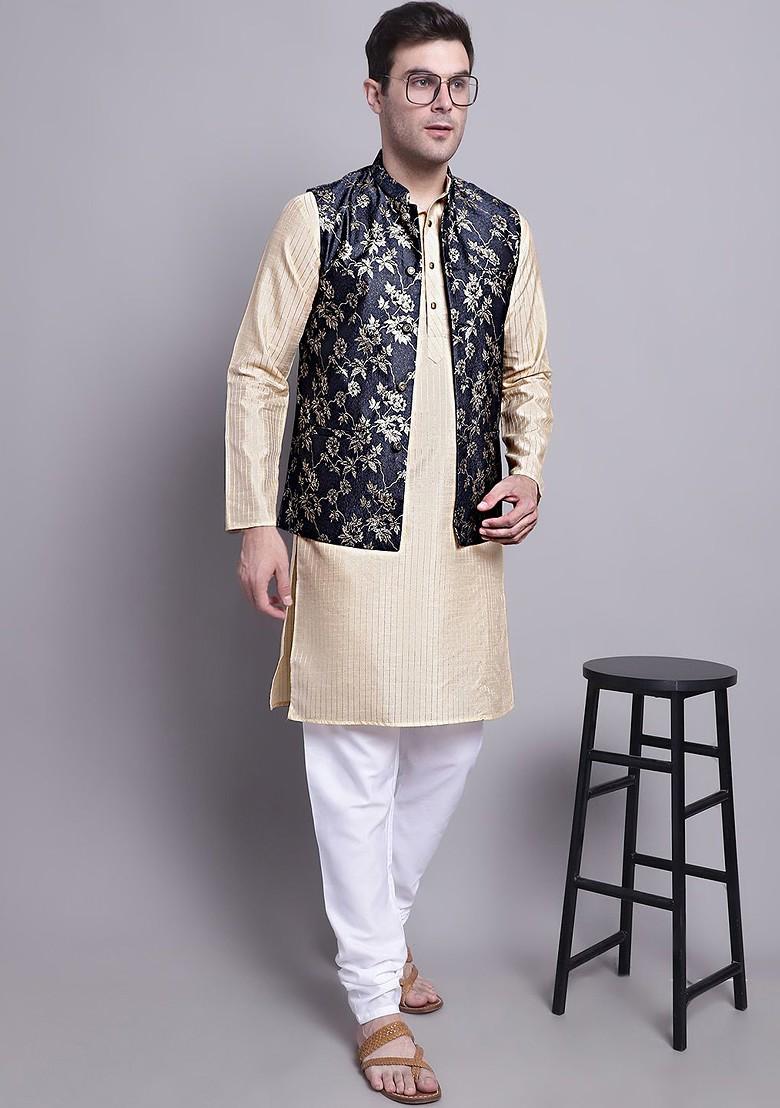 Blue Woven Design Poly Blend Nehru Jacket For Men