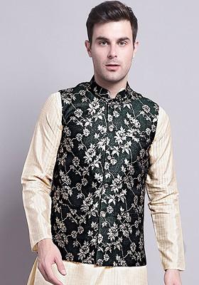 Olive Woven Design Poly Blend Nehru Jacket For Men