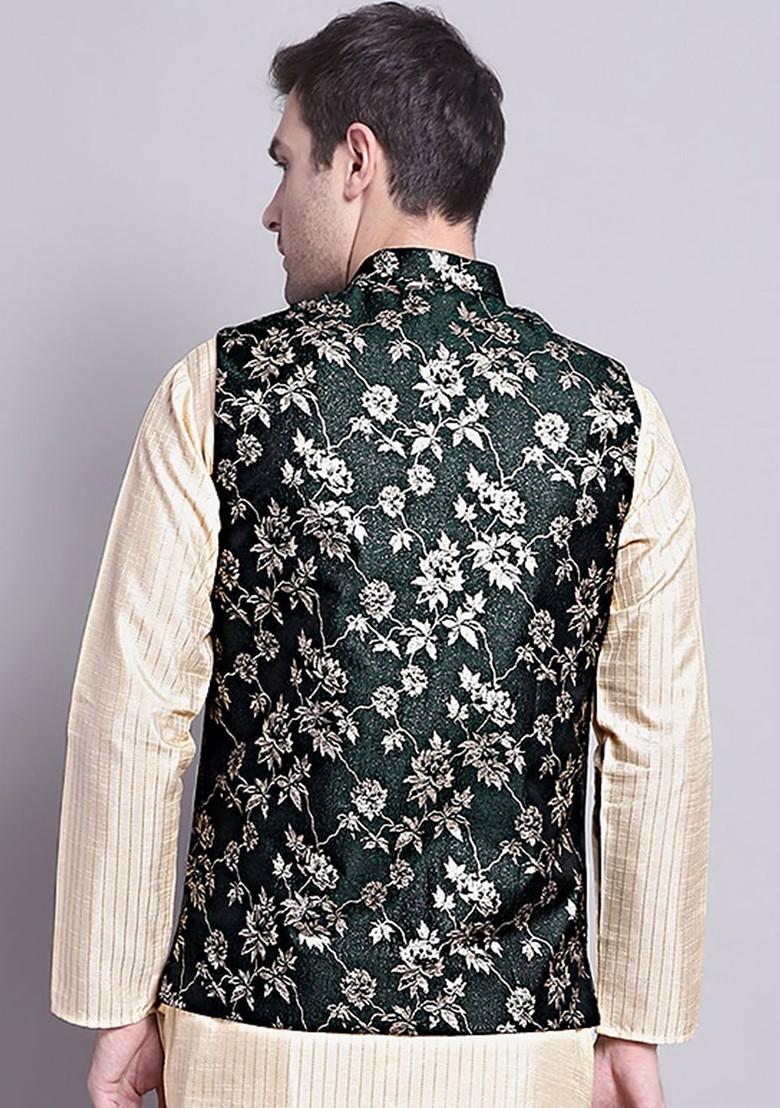 Olive Woven Design Poly Blend Nehru Jacket For Men
