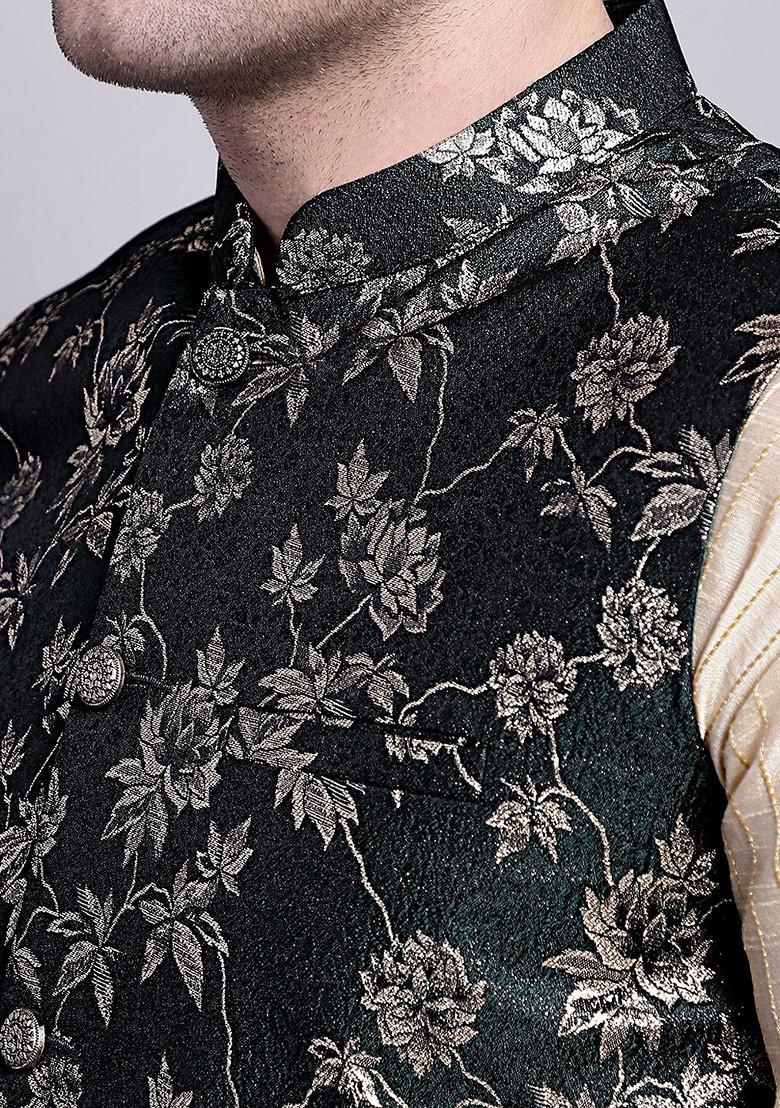 Olive Woven Design Poly Blend Nehru Jacket For Men