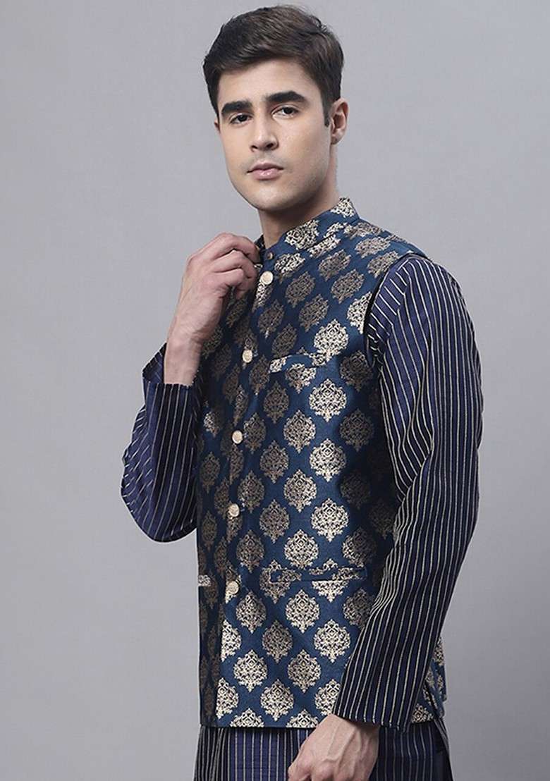 Navy Blue Printed Poly Blend Nehru Jacket For Men - Indya