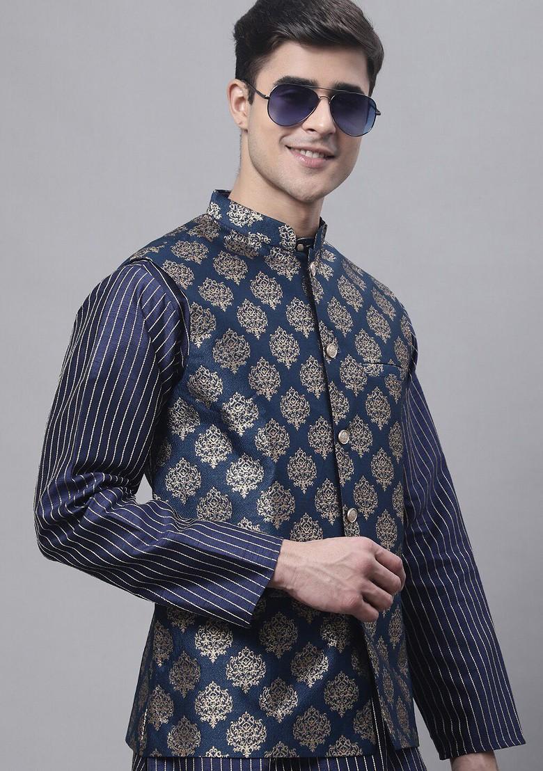 Navy Blue Printed Poly Blend Nehru Jacket For Men