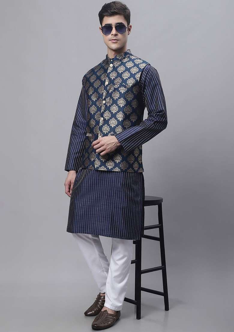 Navy Blue Printed Poly Blend Nehru Jacket For Men - Indya