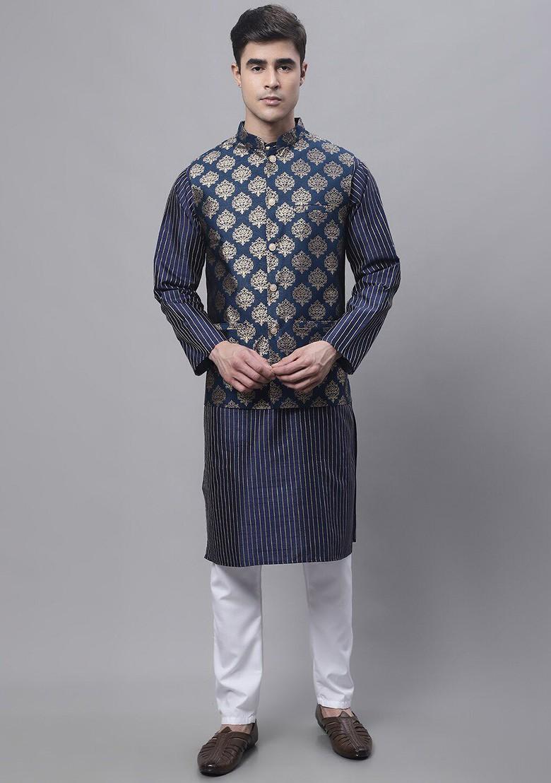 Navy Blue Printed Poly Blend Nehru Jacket For Men