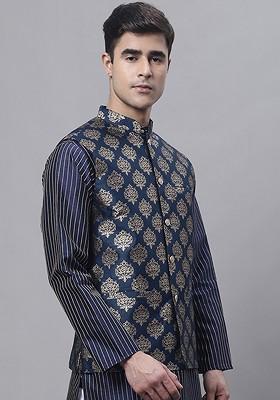 Navy Blue Printed Poly Blend Nehru Jacket For Men