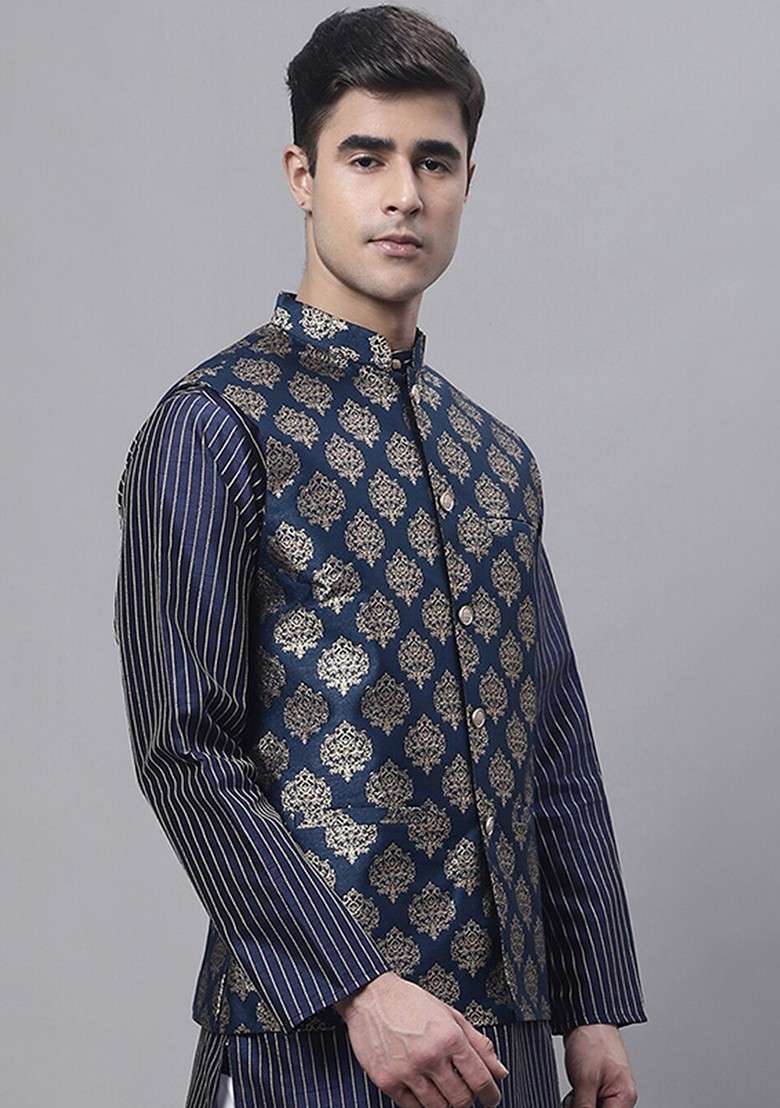 Navy Blue Printed Poly Blend Nehru Jacket For Men - Indya