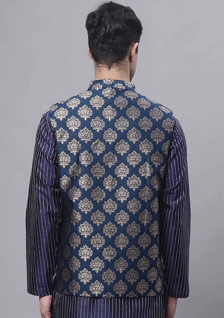 Navy Blue Printed Poly Blend Nehru Jacket For Men