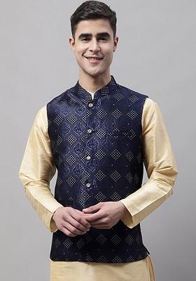 Navy Blue Woven Design Poly Blend Nehru Jacket For Men